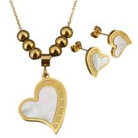 Stainless Steel Jewelry Set, earring & necklace, with White Shell, Heart, gold color plated, oval chain & for woman 1.5mm Approx 18 Inch 