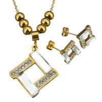 Stainless Steel Jewelry Set, earring & necklace, with Rhinestone Clay Pave & Crystal, Rhombus, gold color plated, oval chain & for woman & faceted 2mm Approx 18 Inch 