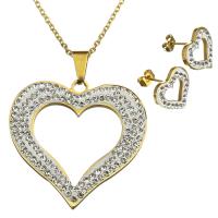 Rhinestone stainless steel Jewelry Set, earring & necklace, with Rhinestone Clay Pave, Heart, gold color plated, oval chain & for woman 2mm Approx 18 Inch 