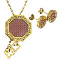 Stainless Steel Jewelry Set, earring & necklace, with Carbon Fibre, Octagon, gold color plated, oval chain & for woman & with rhinestone, 39mm 2mm Approx 17 Inch 