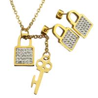 Rhinestone stainless steel Jewelry Set, earring & necklace, with Rhinestone Clay Pave, Lock and Key, gold color plated, oval chain & for woman  2mm Approx 17 Inch 