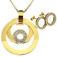 Rhinestone stainless steel Jewelry Set, earring & necklace, with Rhinestone Clay Pave, Donut, gold color plated, oval chain & for woman, 40mm, 2mm, 15mm Approx 17 Inch 