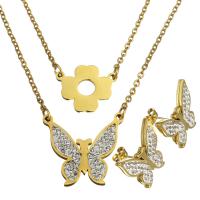 Rhinestone stainless steel Jewelry Set, earring & necklace, with Rhinestone Clay Pave, Butterfly, gold color plated, oval chain & for woman & 2mm Approx 17 Inch 