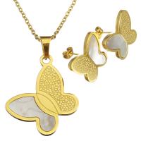Stainless Steel Jewelry Set, earring & necklace, with White Shell, Butterfly, gold color plated, oval chain & for woman 2mm Approx 17 Inch 