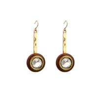 Zinc Alloy Drop Earring, with Wood, iron earring hook, Flat Round, gold color plated, for woman & with rhinestone, lead & cadmium free 