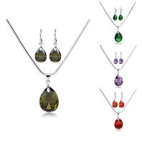 Brass Jewelry Set, earring & necklace, with Austrian Crystal, Teardrop, platinum plated, snake chain & for woman & faceted lead & cadmium free  Approx 17.5 Inch 