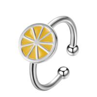 Brass Cuff Finger Ring, Lemon, real silver plated, for woman & enamel, nickel, lead & cadmium free, 16-18mm, US Ring 