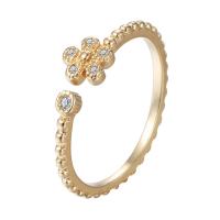 Circón cúbico anillo de dedo de latón, metal, Flor, chapado en oro real, para mujer & con circonia cúbica, libre de níquel, plomo & cadmio, 16-18mm, tamaño:5-7, Vendido por UD