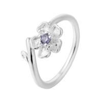 Кубическое цирконовое латунное кольцо, Латунь, Форма цветка, плакированный настоящим серебром, Женский & с кубическим цирконием, не содержит никель, свинец, 9.2mm, размер:5-7, продается PC