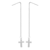 Brass Thread Through Earrings, Cross, real silver plated, box chain & for woman & with cubic zirconia, nickel, lead & cadmium free 