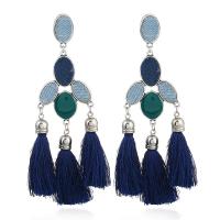 Zinc Alloy Tassel Earring, with Denim & Nylon, stainless steel post pin, platinum color plated, for woman & enamel, lead & cadmium free 