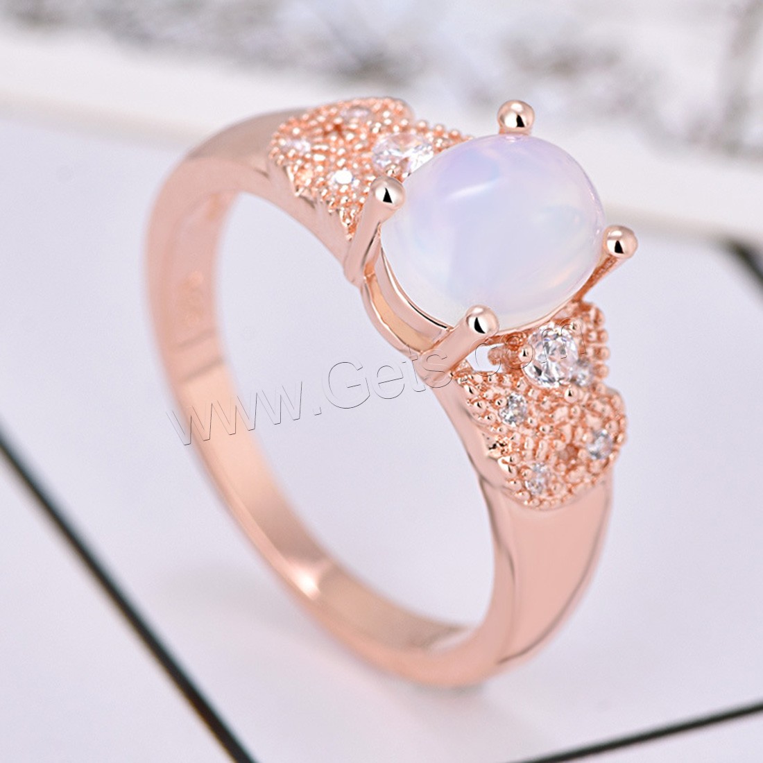 Gemstone Brass Finger Ring, with Sea Opal, rose gold color plated, different size for choice & for woman & with rhinestone, Sold By PC