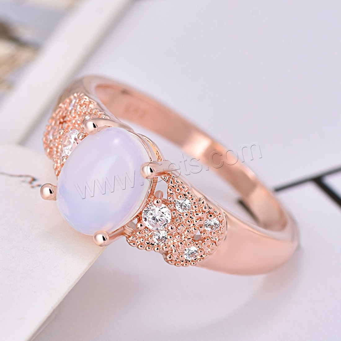 Gemstone Brass Finger Ring, with Sea Opal, rose gold color plated, different size for choice & for woman & with rhinestone, Sold By PC