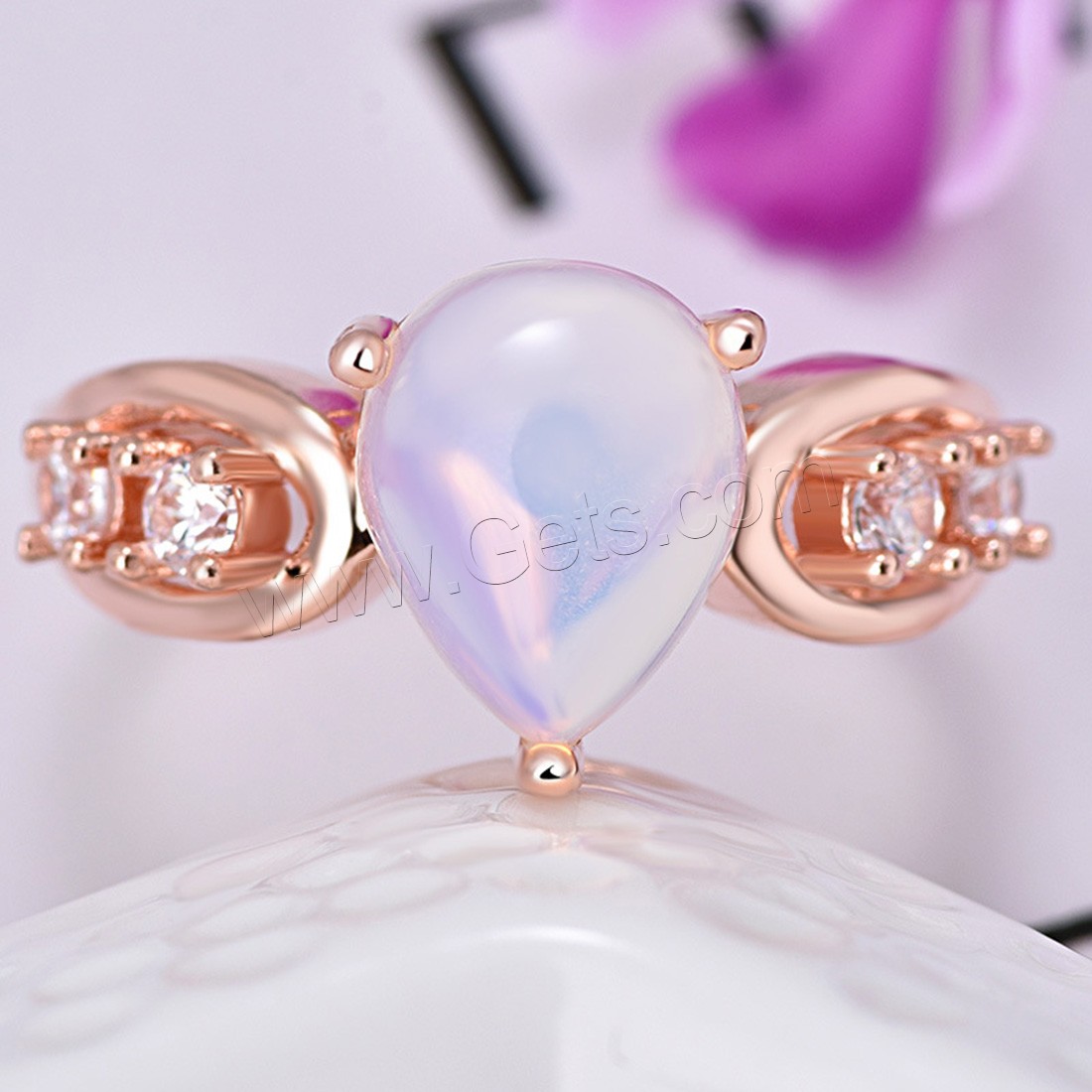 metal anillo, con Ópalo marino, Gota, chapado en color rosa dorada, diverso tamaño para la opción & para mujer & con diamantes de imitación, Vendido por UD