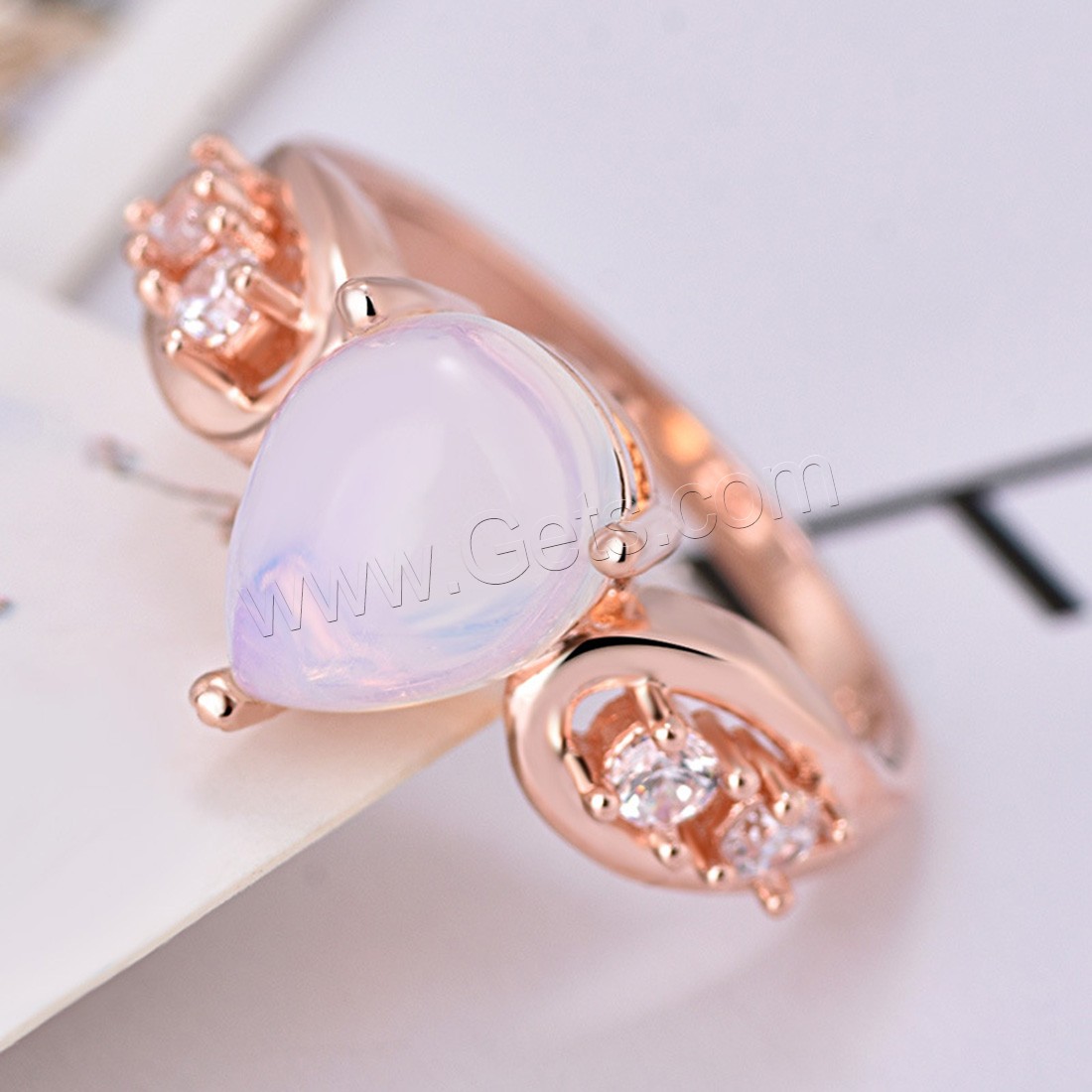 Brass Finger Ring, with Sea Opal, Teardrop, rose gold color plated, different size for choice & for woman & with rhinestone, Sold By PC