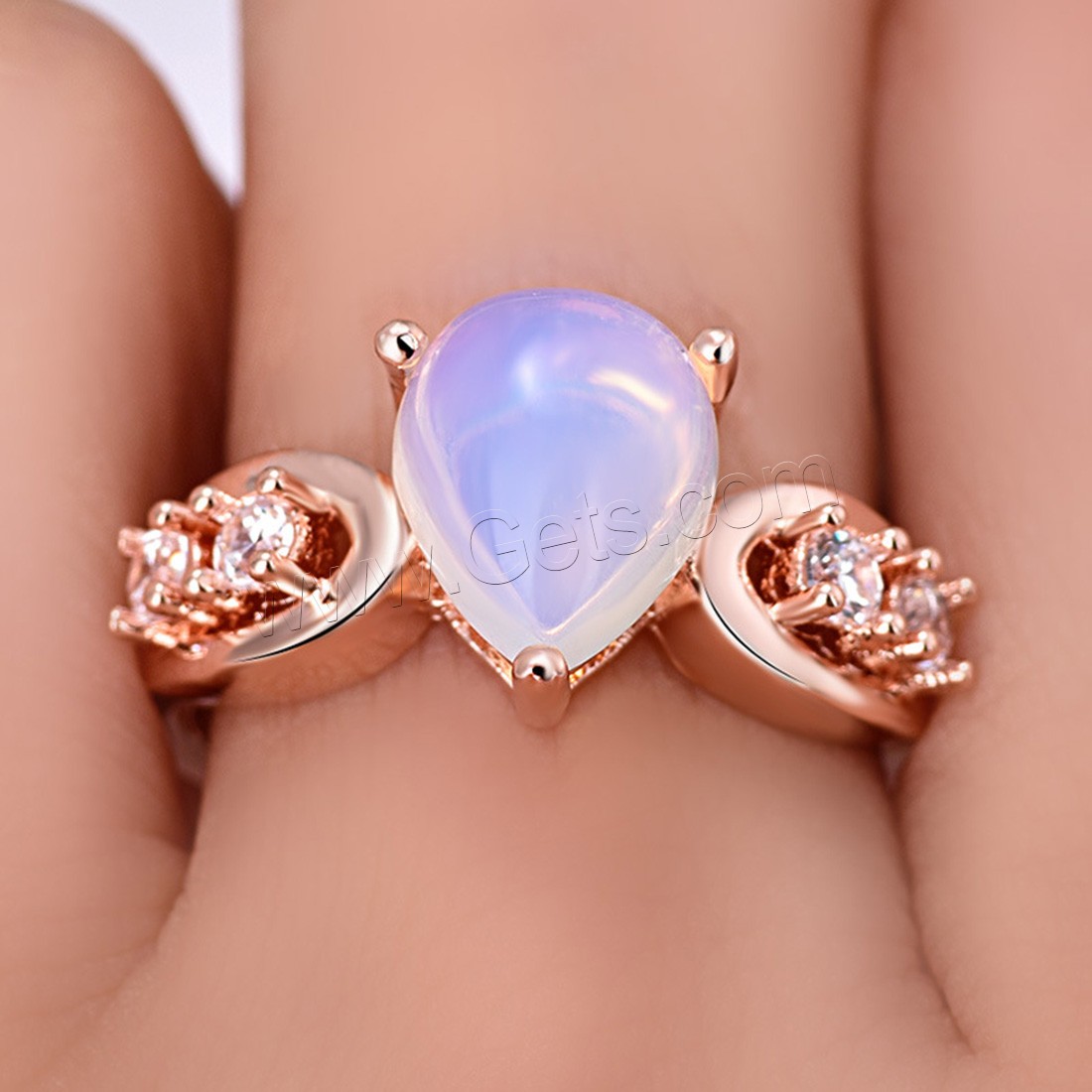 Brass Finger Ring, with Sea Opal, Teardrop, rose gold color plated, different size for choice & for woman & with rhinestone, Sold By PC