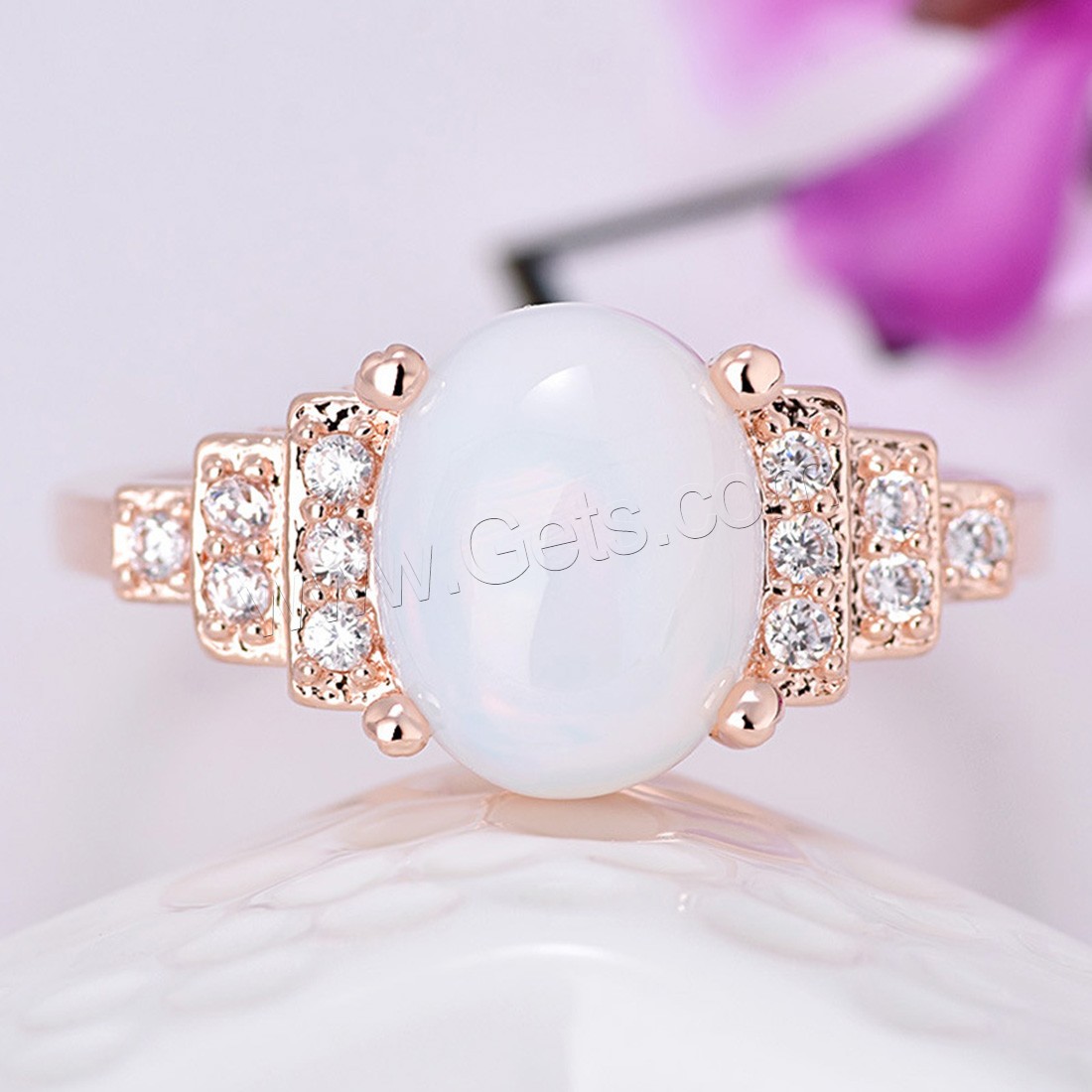 Brass Finger Ring, with Sea Opal, rose gold color plated, different size for choice & for woman & with rhinestone, Sold By PC