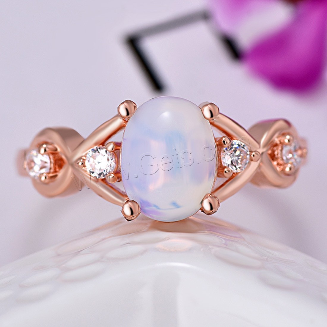 metal anillo, con Ópalo marino, chapado en color rosa dorada, diverso tamaño para la opción & para mujer & con diamantes de imitación, Vendido por UD