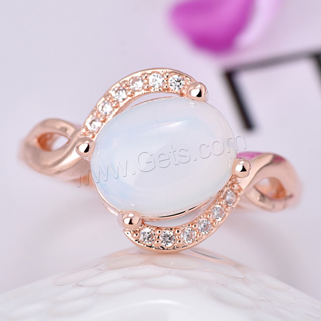 Brass Finger Ring, with Sea Opal, rose gold color plated, different size for choice & for woman & with rhinestone, Sold By PC