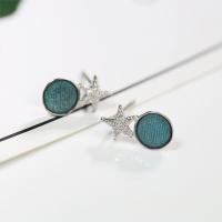 Sterling Silver Stud Earring, 925 Sterling Silver, Star, platinum plated, for woman & enamel & with cubic zirconia 