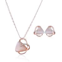 Zinc Alloy Jewelry Set, earring & necklace, with Cats Eye, with 2inch extender chain, rose gold color plated, bar chain & for woman & with rhinestone  Approx 17 Inch 
