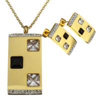 Stainless Steel Jewelry Set, earring & necklace, with Rhinestone Clay Pave & Crystal, Rectangle, gold color plated, oval chain & for woman & faceted 2mm Approx 17 Inch 