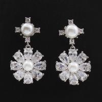 Brass Drop Earring, with ABS Plastic Pearl, Flower, platinum plated, for woman & with cubic zirconia, nickel, lead & cadmium free 
