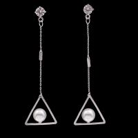 metal Pendientes con Colgantes, con Perlas de plástico ABS, Triángulo, chapado en platina real, para mujer & con circonia cúbica, libre de níquel, plomo & cadmio, 15x50x6mm, Vendido por Par