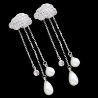 Brass Tassel Earring, with ABS Plastic Pearl, platinum plated, for woman & with cubic zirconia, nickel, lead & cadmium free 