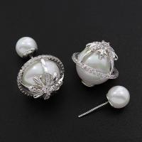 Messing Doppelseitigen Ohrstecker, mit ABS-Kunststoff-Perlen, platiniert, für Frau & mit kubischem Zirkonia, frei von Nickel, Blei & Kadmium, 17.5x26mm, verkauft von Paar