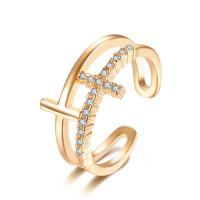 Кубическое цирконовое латунное кольцо, Латунь, Kресты, плакированный настоящим золотом, регулируемый & Женский & с кубическим цирконием, 12mm, размер:10, продается PC