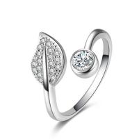Cubic Zircon Brass Finger Ring, Leaf, platinum plated, adjustable & for woman & with cubic zirconia, 11mm, US Ring 