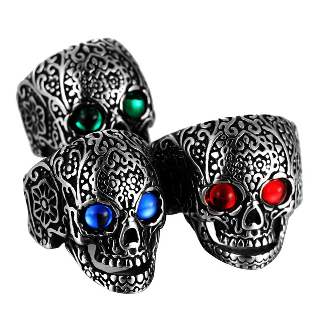 Titanium Steel Finger Ring, with Glass Gemstone, Skull, different size for choice & for man & blacken, Random Color, 28mm, Sold By PC