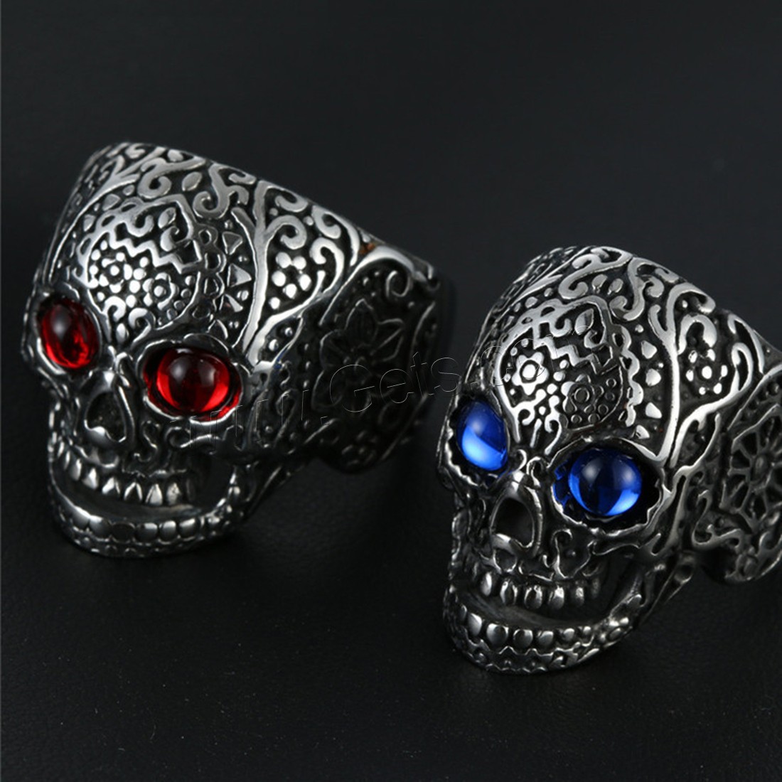 Titanium Steel Finger Ring, with Glass Gemstone, Skull, different size for choice & for man & blacken, Random Color, 28mm, Sold By PC
