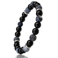 Effloresce Agate Bracelet, with Black Agate & Zinc Alloy, Round, antique silver color plated, Unisex, 8mm Approx 7.5 Inch 