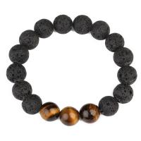 Bracelet de perles de lave, lave volcanique, avec oeil de tigre, Rond, unisexe, 12mm Environ 7.5 pouce, Vendu par brin