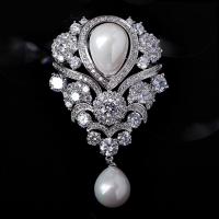 Brass Brooch, with Shell Pearl, silver color plated, micro pave cubic zirconia & for woman & hollow 