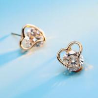Brass Stud Earring, Heart, gold color plated, for woman & with cubic zirconia & faceted & hollow 