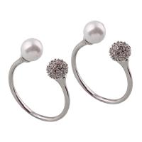 Zinc Alloy Cuff Finger Ring, with ABS Plastic Pearl, antique silver color plated, for woman & with rhinestone, lead & cadmium free US Ring 