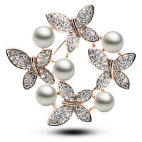 Zinc Alloy Brooch, with Shell Pearl, Butterfly, plated, for woman & with rhinestone 