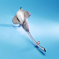 Zinc Alloy Brooch, with Shell Pearl, Calla Lily, platinum color plated, for woman & with rhinestone 