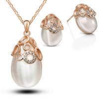 Zinc Alloy Jewelry Set, earring & necklace, with Cats Eye, with 1.9lnch extender chain, Teardrop, real gold plated, oval chain & for woman & with rhinestone Approx 17.7 Inch 