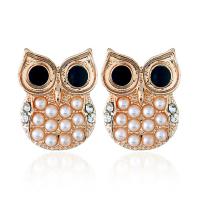Zinc Alloy Rhinestone Leverback Earring, with ABS Plastic Pearl, stainless steel post pin, Owl, gold color plated, for woman & with rhinestone, lead & cadmium free 