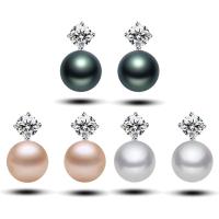 Brass Stud Earring, with Freshwater Pearl, platinum plated, for woman & with cubic zirconia 