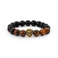 Black Agate Bracelet, with Tiger Eye & Zinc Alloy, antique gold color plated, Unisex, 10mm Approx 6 Inch 