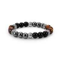 Black Agate Bracelet, with Tiger Eye & Hematite & Zinc Alloy, antique silver color plated, Unisex, 8mm Approx 6 Inch 