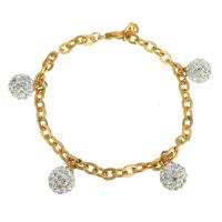 Stainless Steel Charm Bracelet, with Clay Pave, gold color plated, oval chain & for woman & with rhinestone 5mm Approx 8 Inch 
