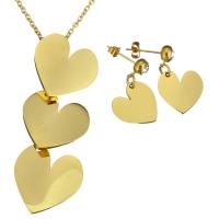 Rhinestone stainless steel Jewelry Set, earring & necklace, Heart, gold color plated, oval chain & for woman & with rhinestone 2mm, 25mm Approx 17 Inch 