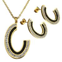 Rhinestone stainless steel Jewelry Set, earring & necklace, with Rhinestone Clay Pave, Letter C, gold color plated, oval chain & for woman 2mm Approx 17 Inch 