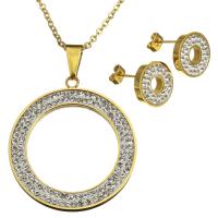 Rhinestone stainless steel Jewelry Set, earring & necklace, with Rhinestone Clay Pave, Donut, gold color plated, oval chain & for woman 2mm, 13mm Approx 19 Inch 